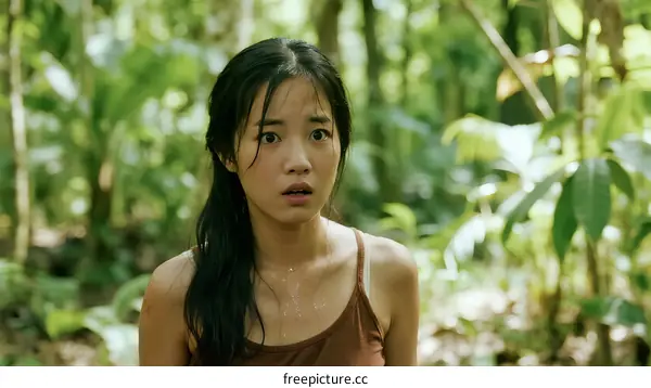 A Young Woman Standing Alone in a Lush Green Forest