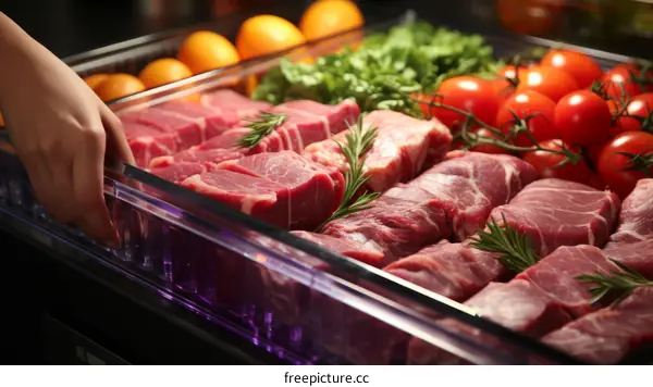 Caucasian person's hand reaching into a refrigerated case to pick up a package of beef tenderloin steaks