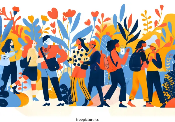 Group of Diverse People Walking in a Garden Illustration