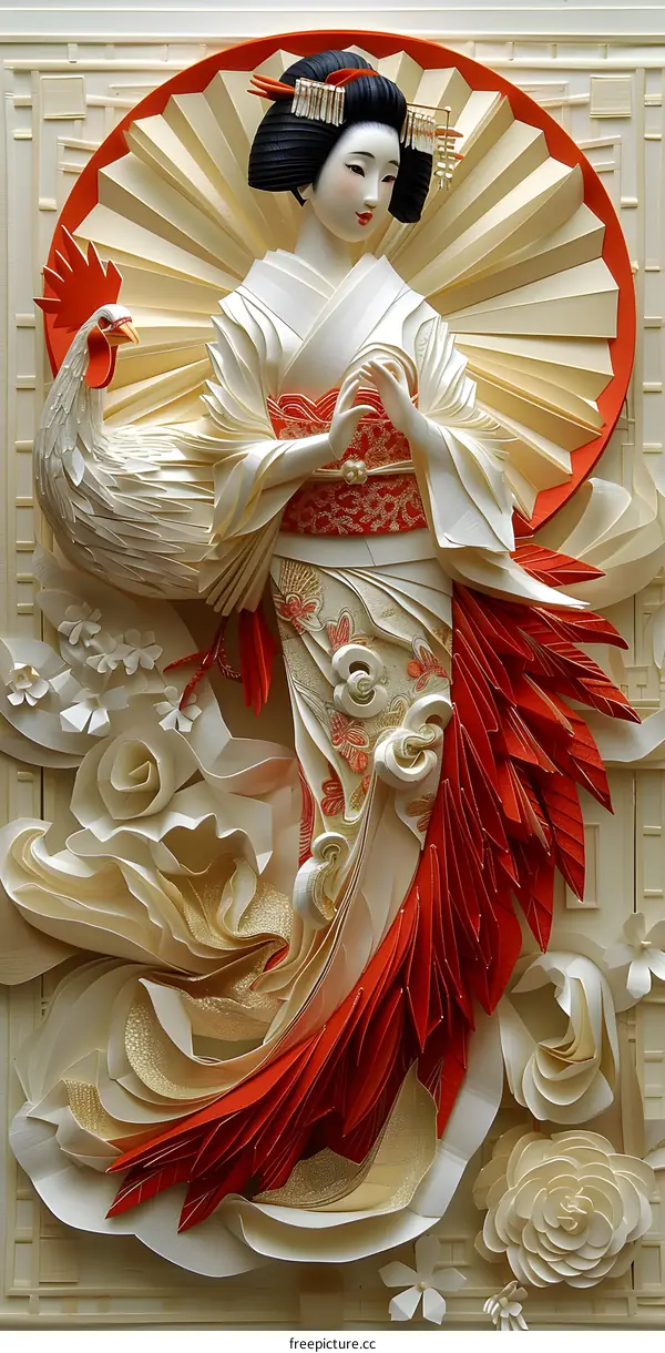 A Japanese woman in a kimono with a red fan and a rooster