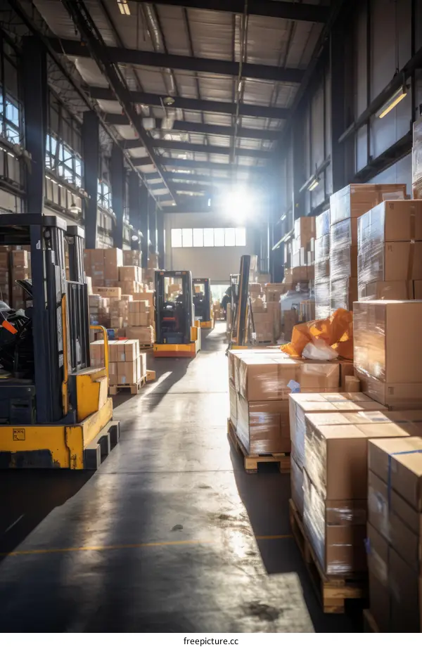 A large warehouse with forklifts and many boxes