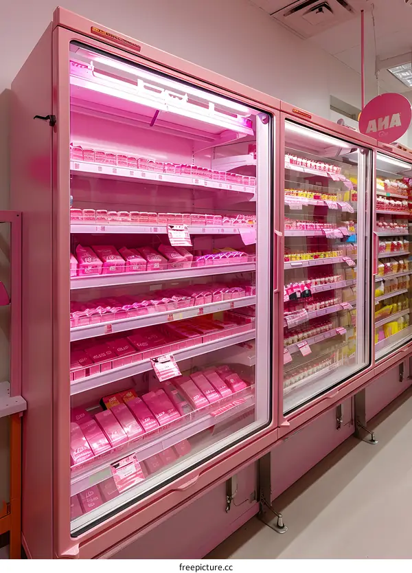 Pink Refrigerated Display Case with Yogurt Products in a Grocery Store