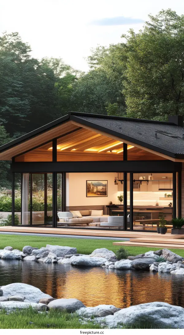 Modern House with Pond and Garden View