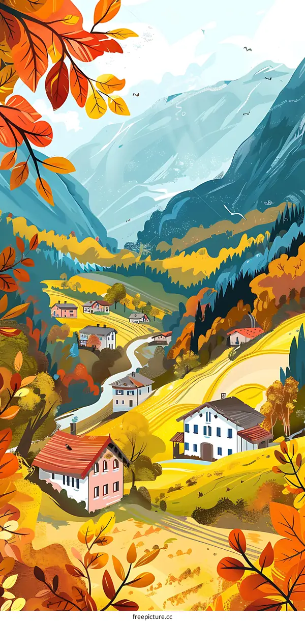 Autumn Landscape Illustration With Mountain, Tree and House