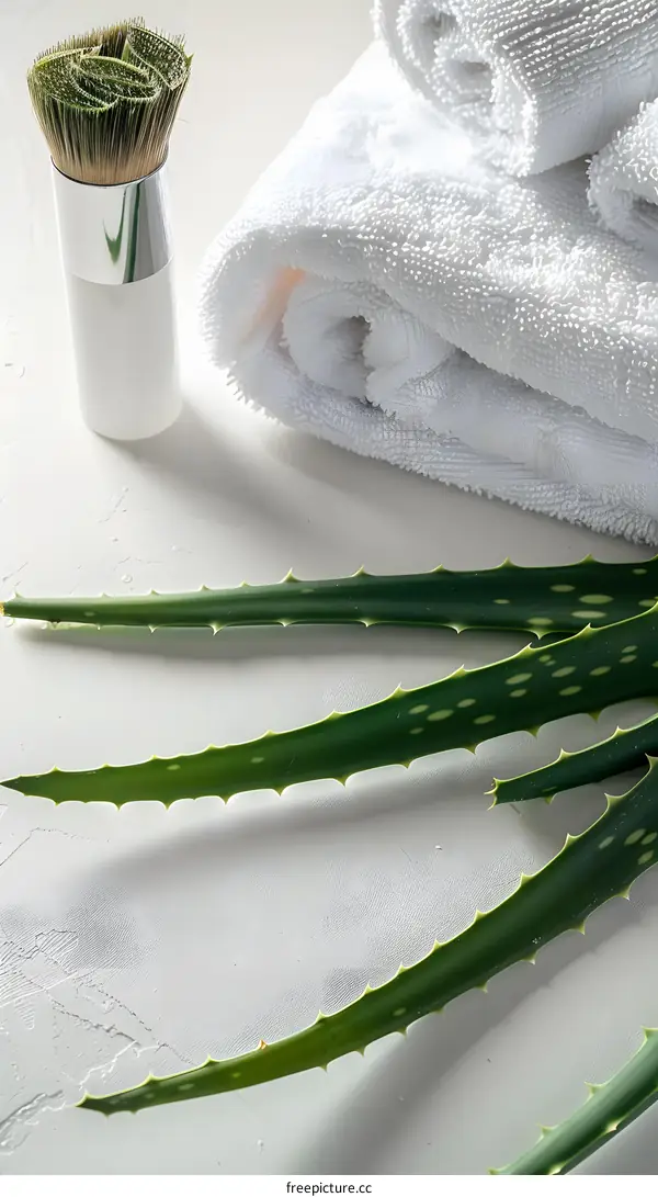 Aloe Vera Leaves and White Towel with a Makeup Brush on a White Background