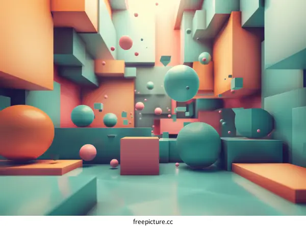 Pink, Blue, and Orange Geometric Shapes Floating in a Three Dimensional Space