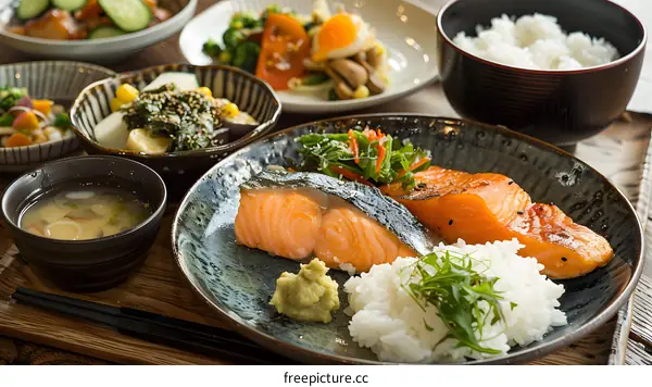 A plate of salmon with rice and vegetables