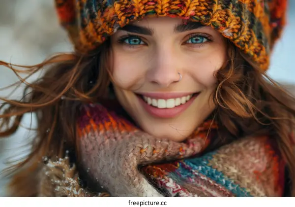 Close-up Portrait of a Smiling Woman in Winterwear