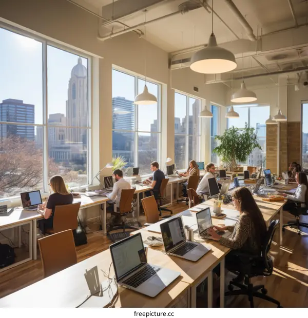 People working in a modern office with large windows