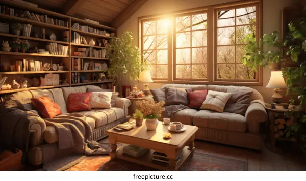 Inviting and Cozy Living Room with Bookshelves and Ample Lighting