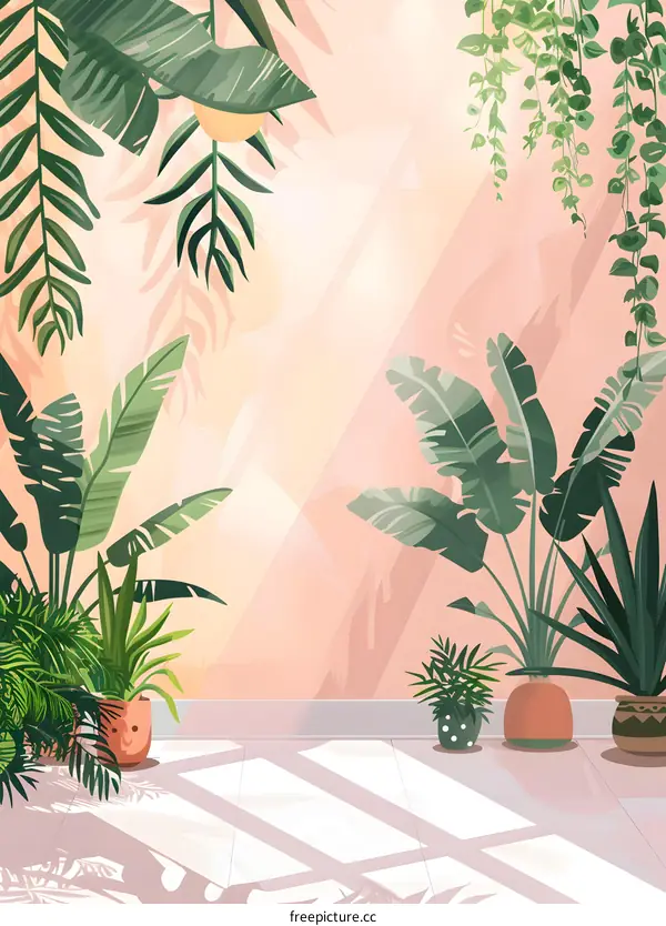 Tropical Plants Illustration With Pink Wall Background