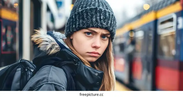 Young Woman in Winter Clothing Waiting for the Train