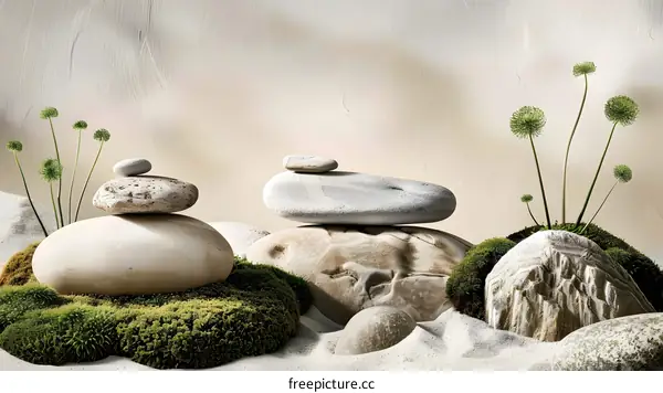 Zen Garden with Balanced Stones and Green Plants