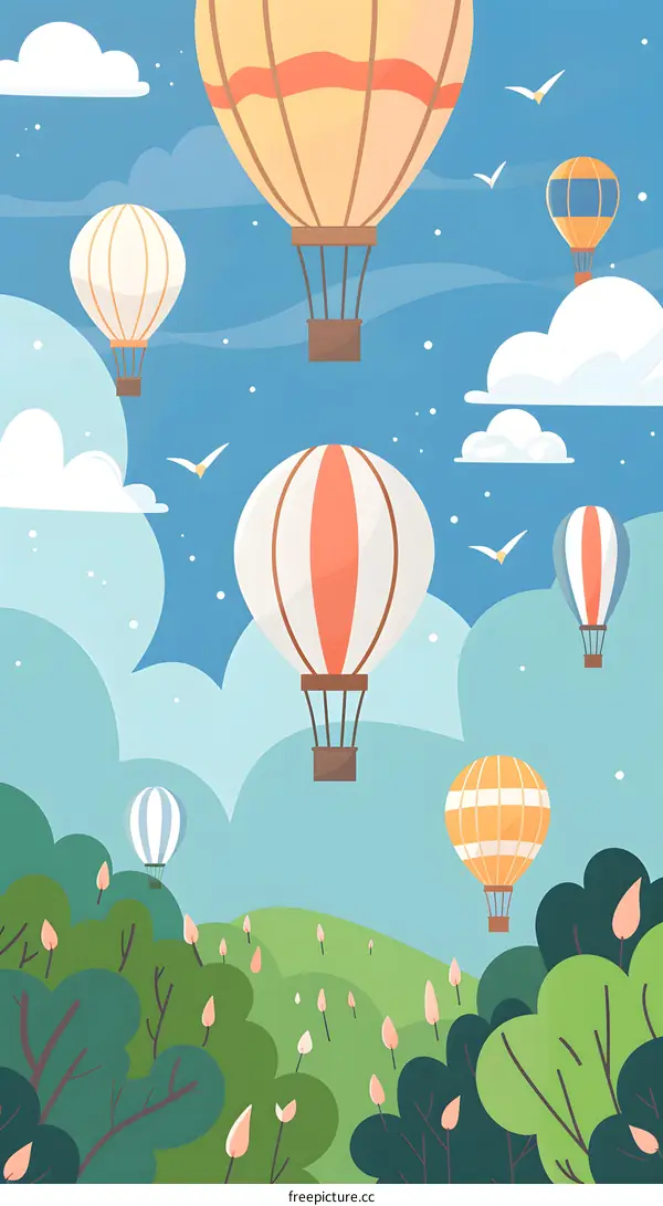 Hot Air Balloons in the Sky over Green Hills