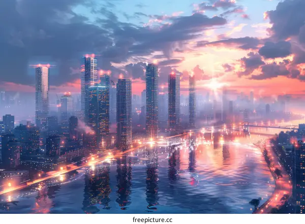 Futuristic Cityscape Sunset Panorama