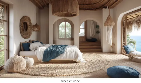Bohemian Bedroom with Ocean View Illustration