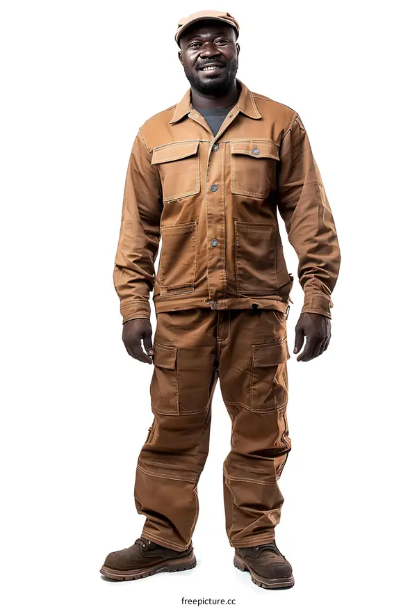 Studio portrait of a smiling African male worker wearing brown workwear