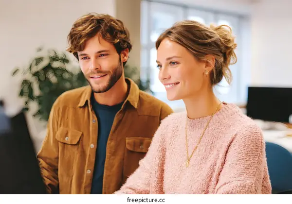 Two Caucasian Colleagues Working Together at a Computer