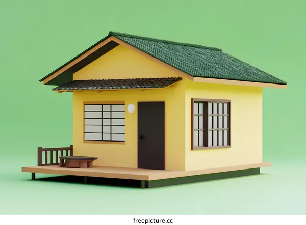 Simple Yellow House with Green Roof