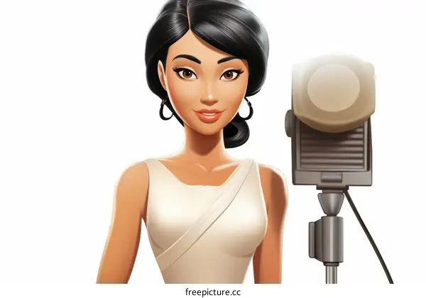 A woman in a white dress stands in front of a microphone.