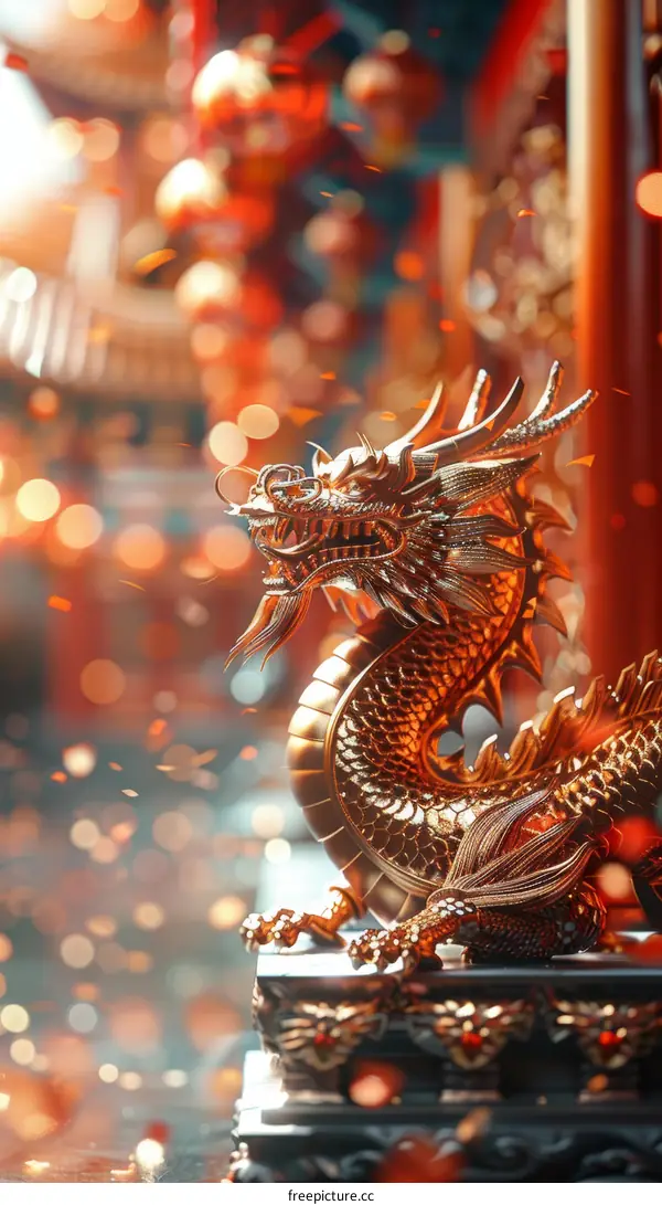 Golden Dragon Statue on Red Background