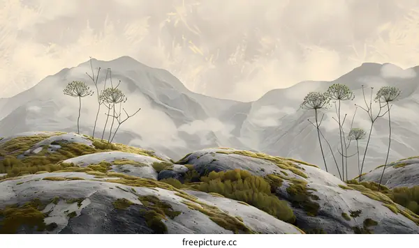 Abstract Mountain Landscape with Mossy Rocks