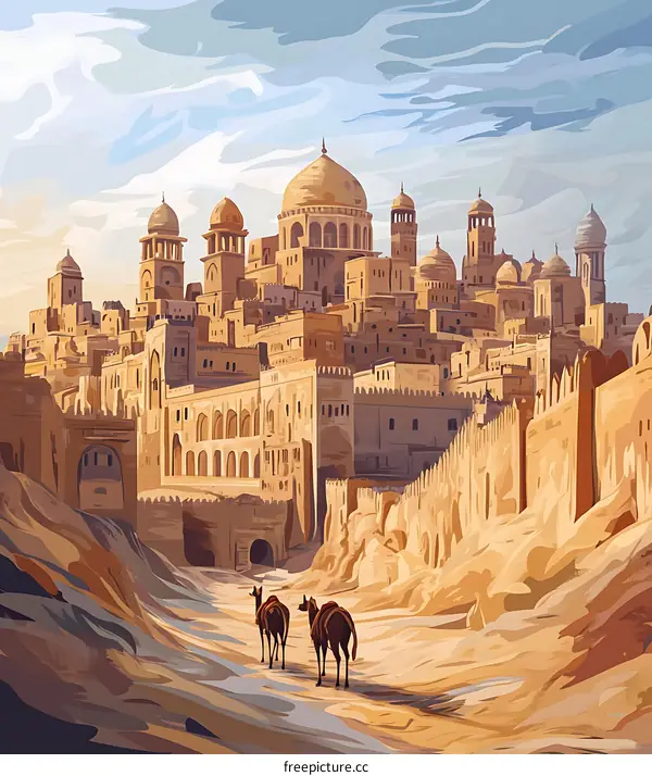 Ancient City in the Desert with Camels