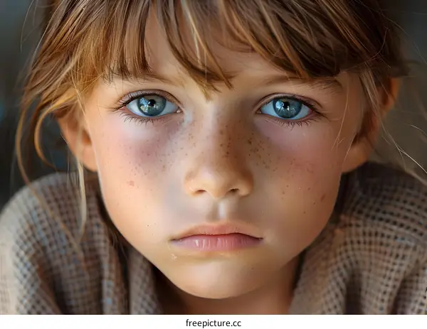 Portrait of a young girl with freckles and blue eyes