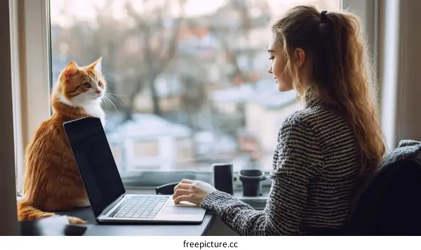 Cozy Window Workspace with Cat and Woman