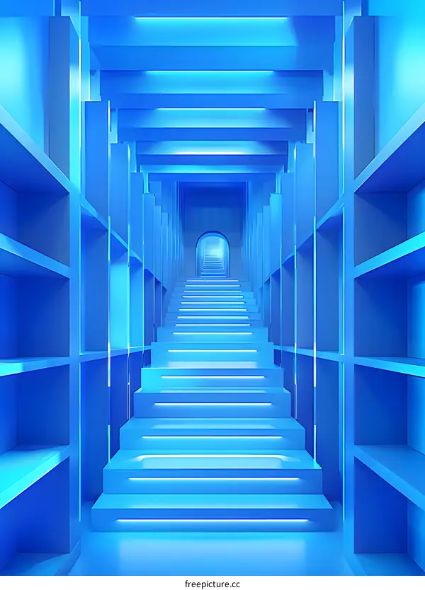 Blue Neon Light Stairs In Futuristic Corridor