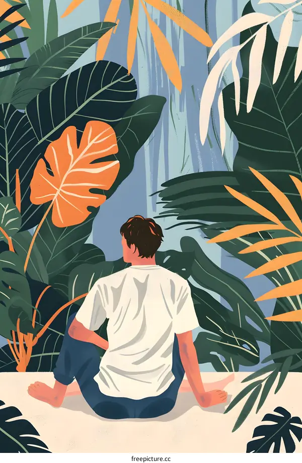 Man Sitting in a Tropical Jungle with Large Leaves