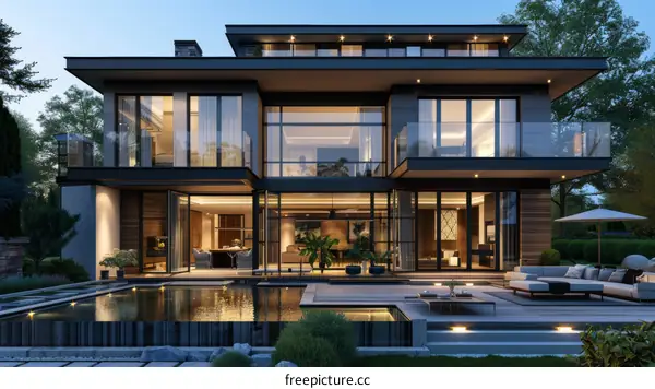 Modern Luxury Mansion Exterior at Dusk