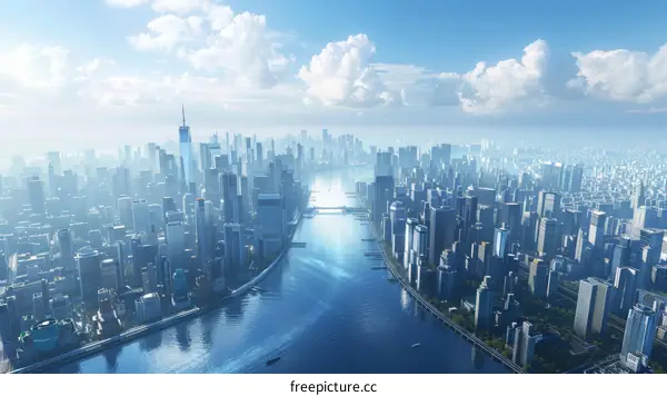 Metropolis Divided by a River with Skyscrapers and Bridge