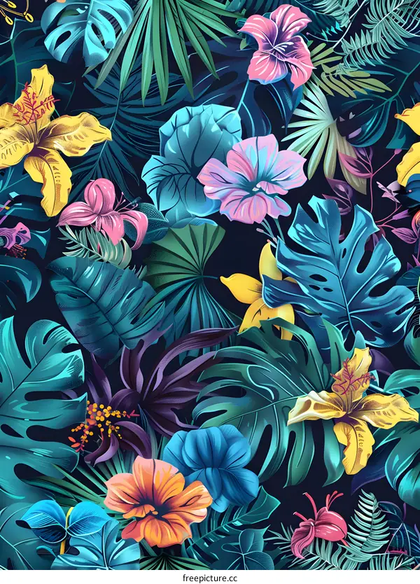 Tropical Leaves and Flowers Seamless Pattern
