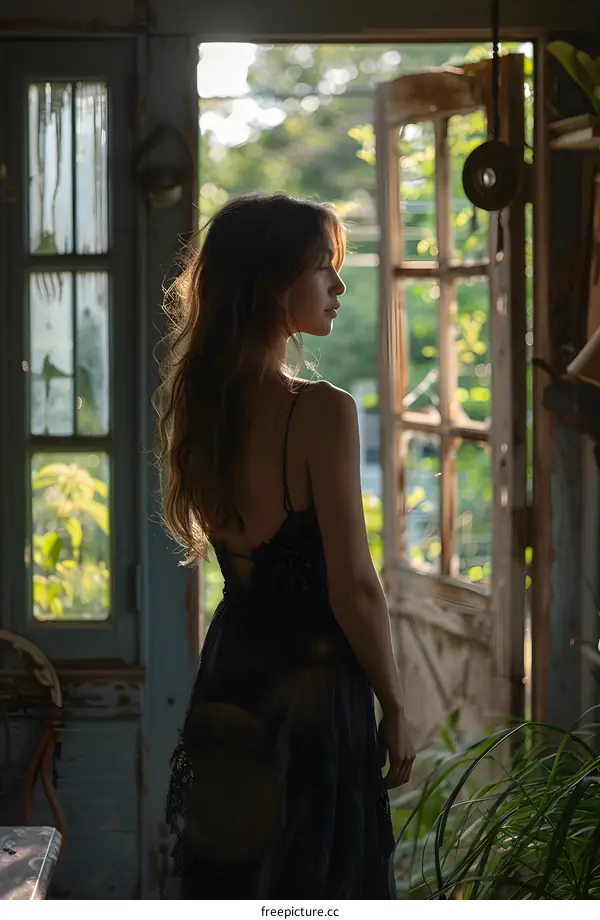 Portrait of a woman in a black dress standing in a doorway