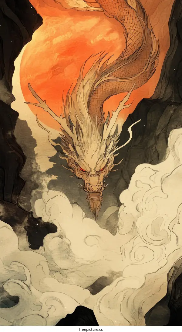 Mythical Dragon Ascending Through Clouds and Mountains