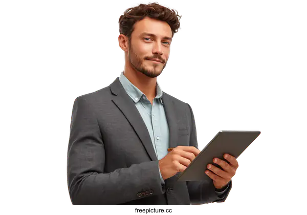 [Transparent Background PNG]Businessman Using Digital Tablet Portrait