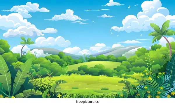 Cartoon Illustration of a Green Landscape with Palm Trees and Birds