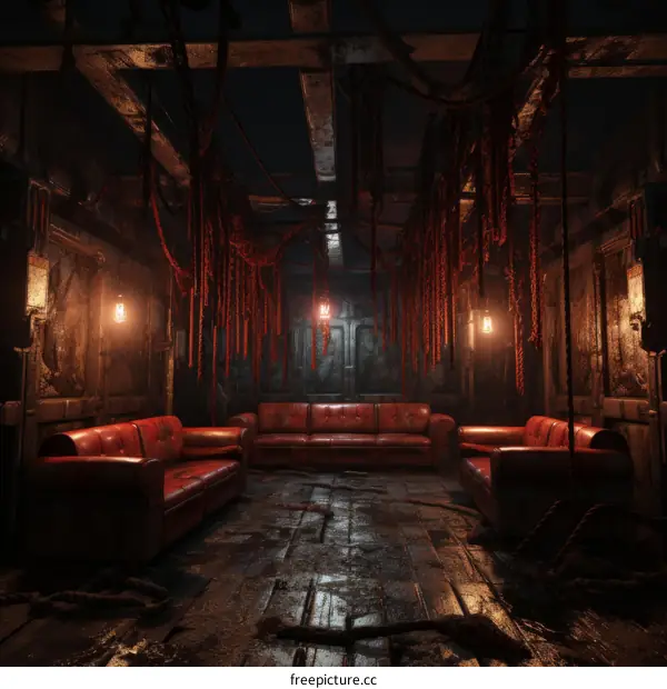 Red leather sofas in a dark room with hanging meat