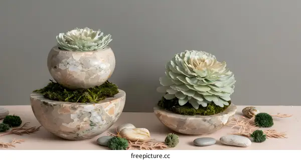 Green Succulents In Stone Pots