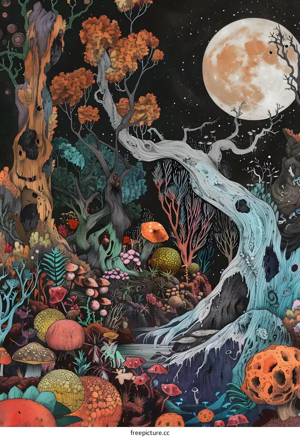 Fantasy Forest Night Illustration with Full Moon and Mushrooms