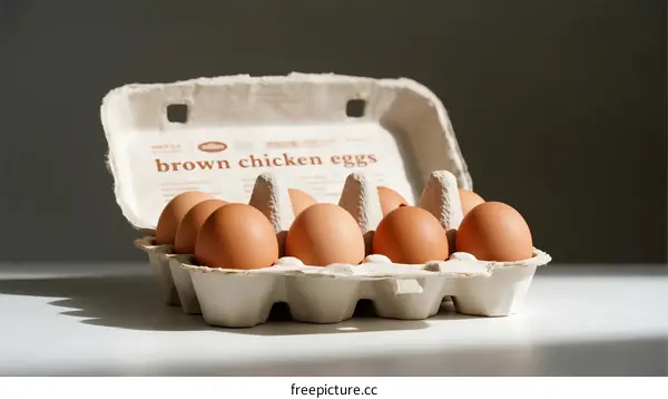 A dozen fresh brown chicken eggs in a paper carton