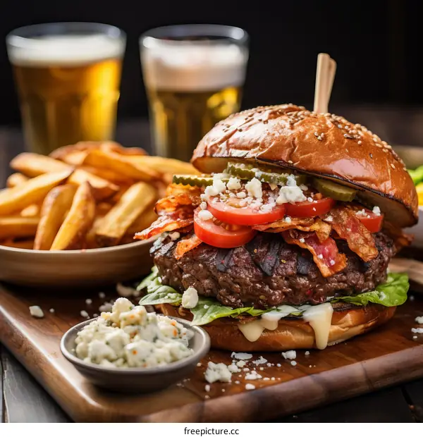 A delicious bacon cheeseburger with a side of fries and beer