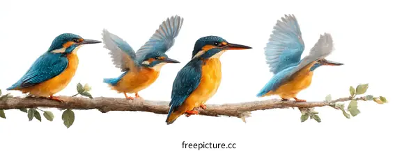 Kingfishers on a Branch in Flight