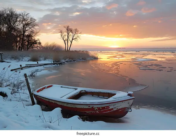 A red boat sits on the edge of a frozen lake while the sun rises in the distance.