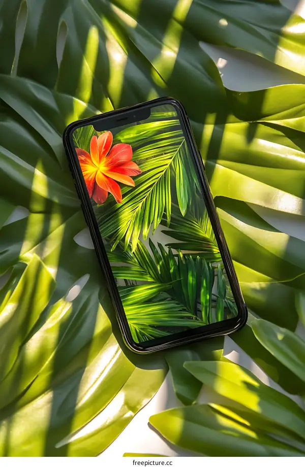 Black Smartphone with Tropical Wallpaper on Green Leaves