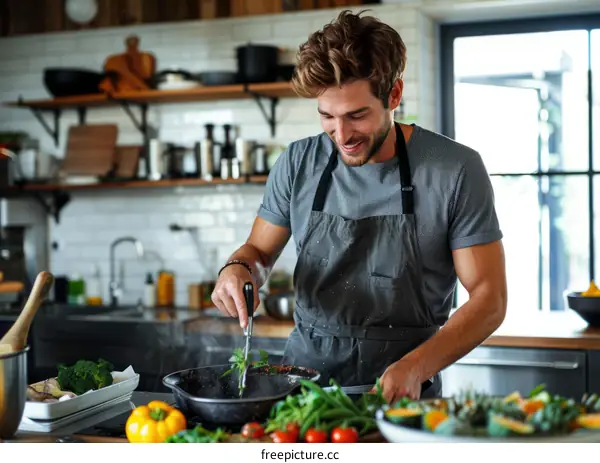 Young man cooking in the kitchen