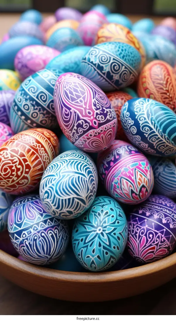 Ornate Easter Eggs in a Wooden Bowl