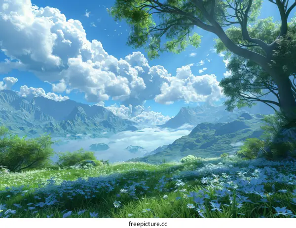 Serene Mountain Meadow with Wildflowers