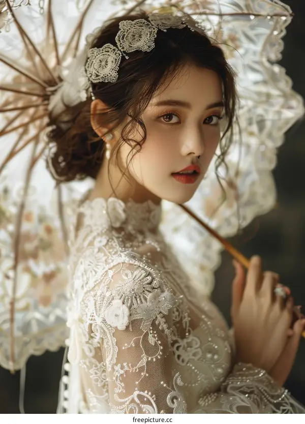 Elegant Asian Woman in Vintage Lace Dress